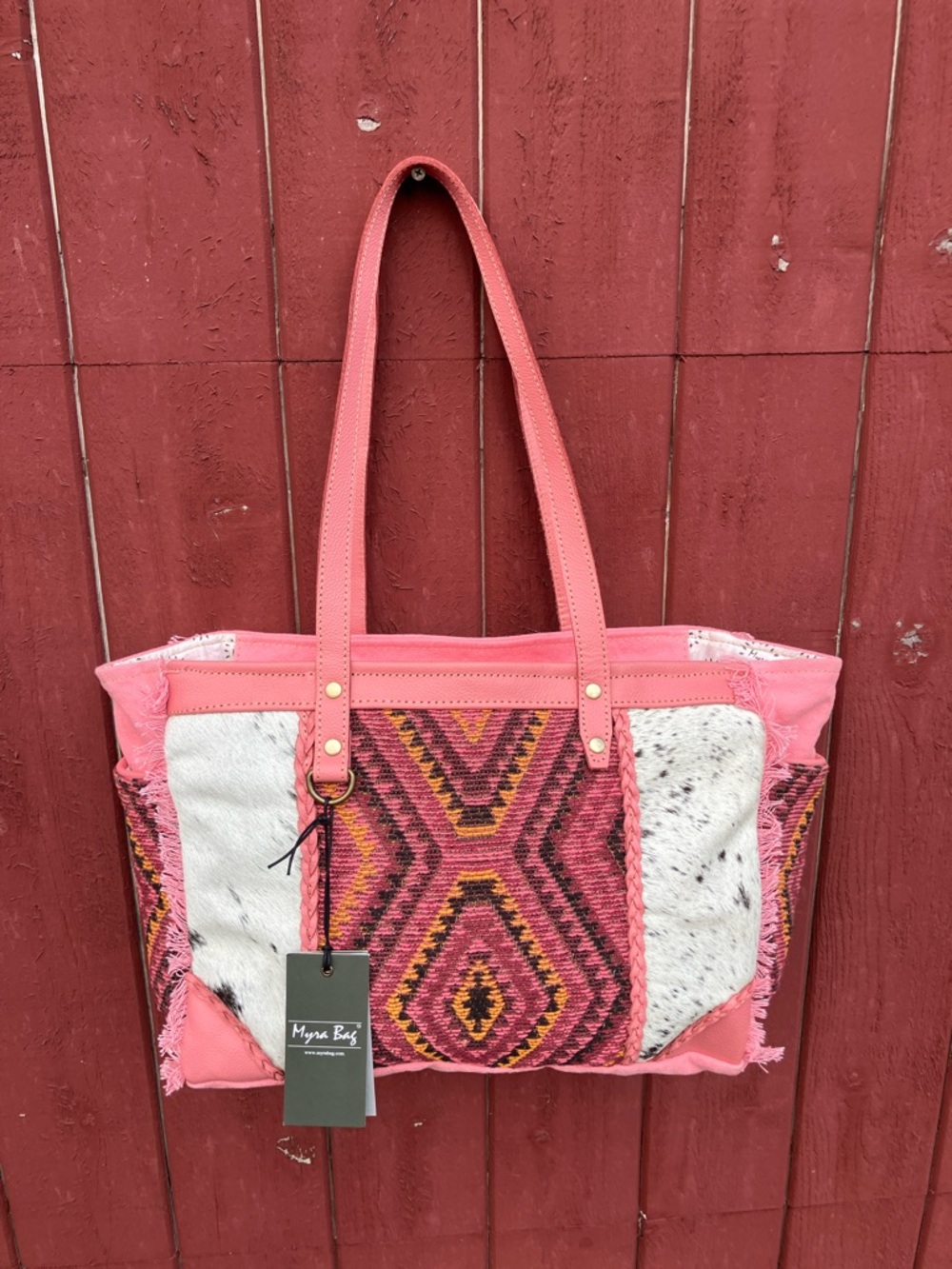 🚨LAST ONE🚨 Pink Tribal Print Canvas and Cowhide Bag with Genuine Leather Accents